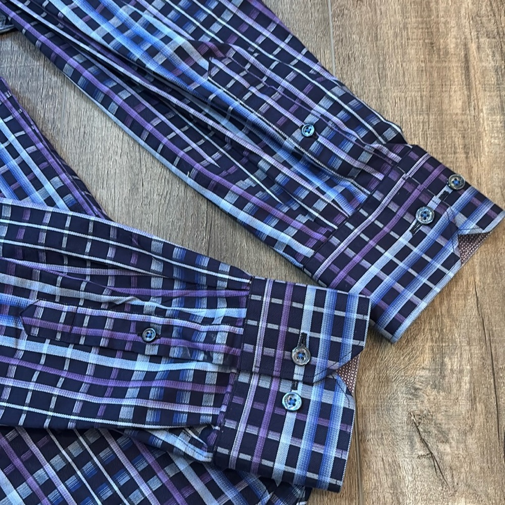 Bugatchi Men’s Size L Blue and Purple Casual Button Down Shirt Shaped Fit‎ - Picture 5 of 13